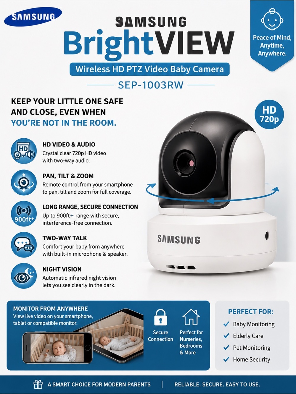 Samsung White and Black Wireless HD PTZ Baby Monitor Camera